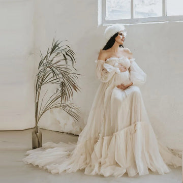Mqtime Gorgeous Off the Shoulder Maternity Tulle Dress for Photography Long Sleeves Puffy Tulle Women Maternity Dresses Photo Shoot